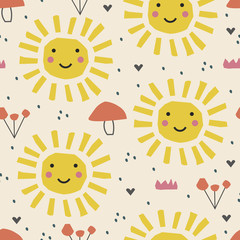 Abstract cartoon nursery pattern with sun , fruits. Summer poster.
