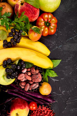 Healthy colorful food selection: fruit, vegetable, seeds, superfood