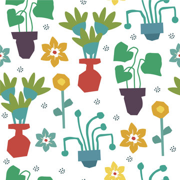 Patten with home plants in pot for home decor. Abstract collage flowers.