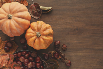 Beautiful pumpkins with leaves and chestnuts on wooden table