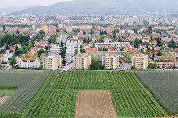 Fototapeta na wymiar A cityscape of the Slovenian university town Maribor on a cloudy day.