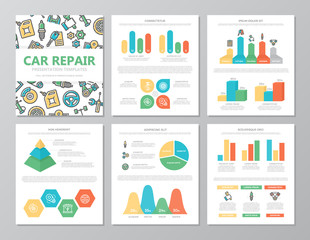 Set of colored car service and auto repair elements for multipurpose a4 presentation template slides with graphs and charts. Leaflet, corporate report, marketing, advertising, book cover design.