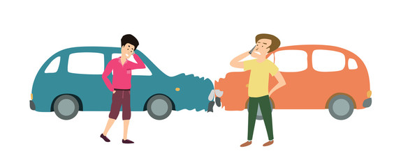 Two men with two cars accident. Cartoon Illustration.