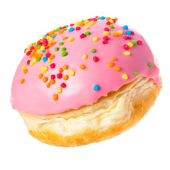 Fresh round donut in pink glaze and multicolored sprinkles isolate on a white background