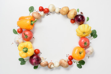 top view of circle of ripe delicious vegetables isolated on white