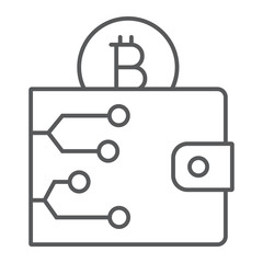 Bitcoin wallet thin line icon, money and finance, cash sign, vector graphics, a linear pattern on a white background, eps 10.