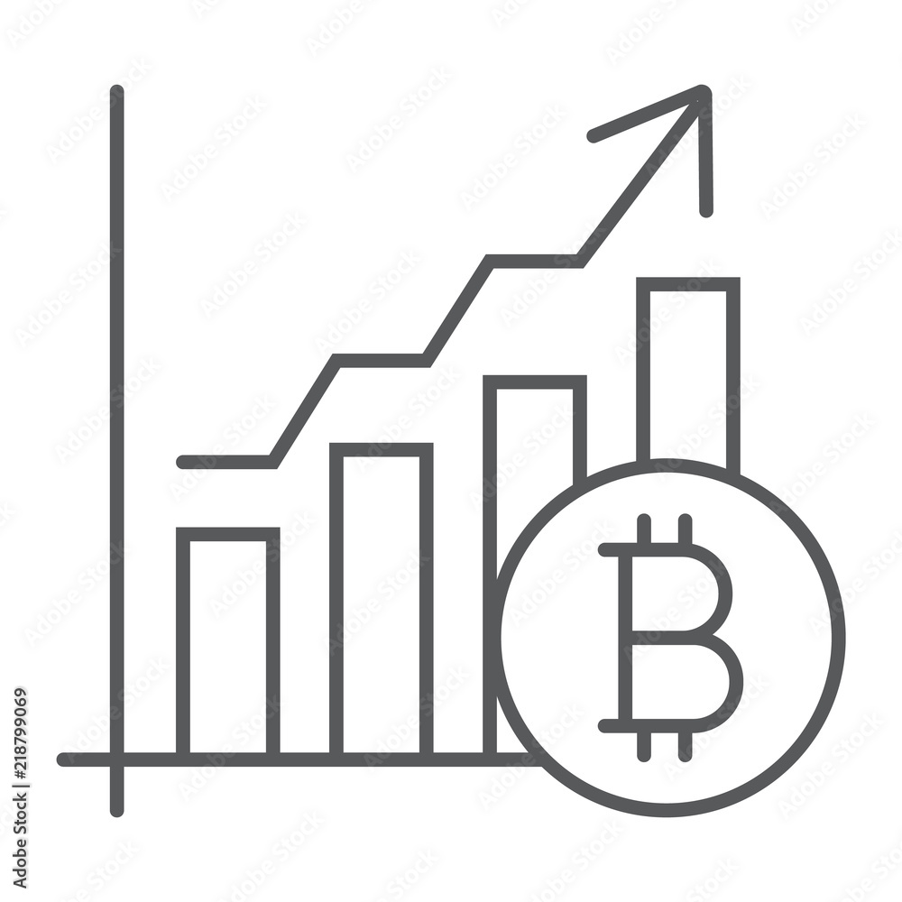 Poster bitcoin chart thin line icon, finance and economy, graph sign, vector graphics, a linear pattern on 