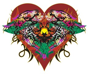 Grunge red heart symbol with horses. Valentine's Day card in the form of ethnic horses with arrows and colorful floral splashes on a white background