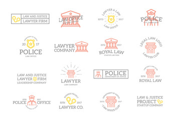 Fototapeta na wymiar Set of retro vintage crime, law, police and justice logo or insignia, emblems, labels and badges and other branding objects. Vector line style