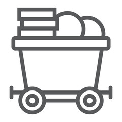 Coins on mine trolley line icon, finance and money, bitcoin mining trolley sign, vector graphics, a linear pattern on a white background, eps 10.