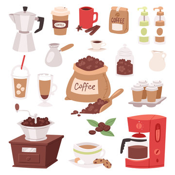 Coffee drink cartoon pot devices and morning beverage coffeemaker espresso cup, desserts coffeine product vector illustration