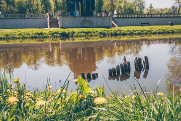 Bialystok, Poland, April 30, 2018: Old pound in garden at Branicki Palace