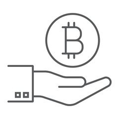 Bitcoin on hand thin line icon, finance and money, payment sign, vector graphics, a linear pattern on a white background, eps 10.