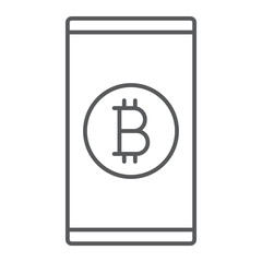 Bitcoin app thin line icon, finance and money, mobile sign, vector graphics, a linear pattern on a white background, eps 10.