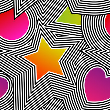 Abstract vector seamless op art pattern. Colorful pop art, graphic ornament. Optical illusion.