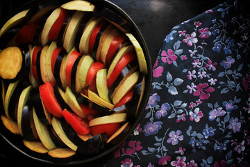 Ratatouille - autumn traditional French Provencal vegetable dish cooked in oven. Vegetarian diet...