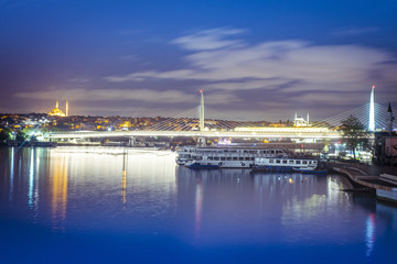 Landscape, City, Night, Lights, Turkey, sea, sunset, sun, sunrise, boats, ships, bridges, towers, Galata Tower,  mosque, Metro station, Stop, 