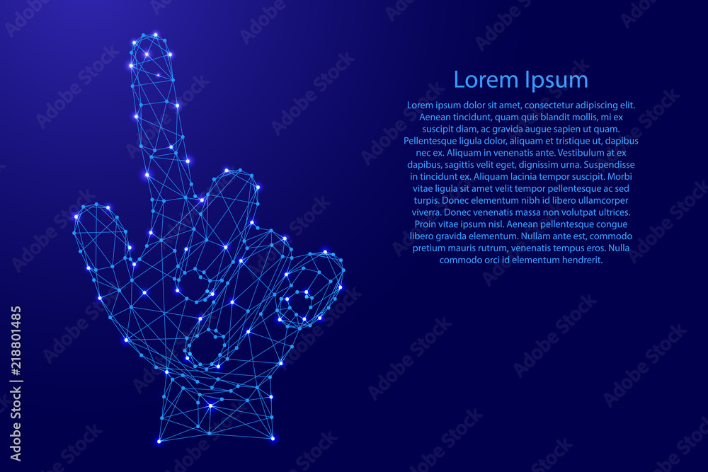 Poster hand with an outstretched index finger or pressing an invisible button from futuristic polygonal blu