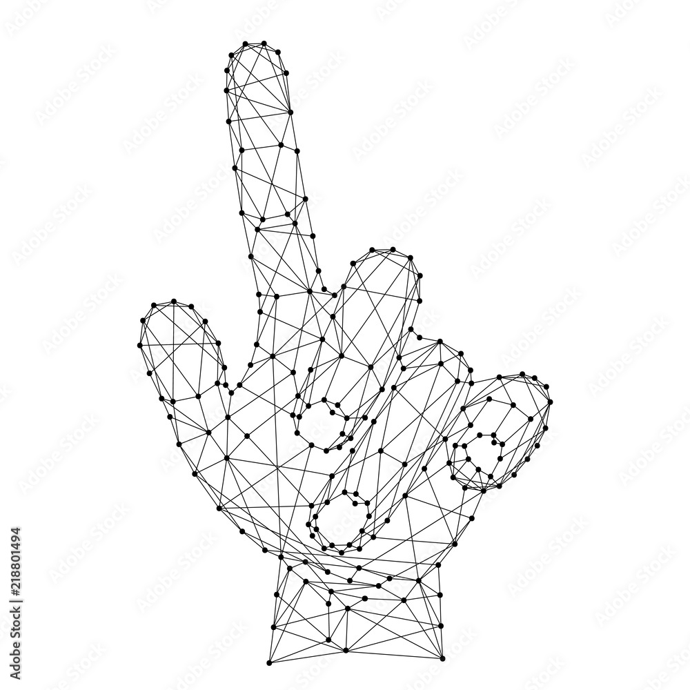 Poster hand with an outstretched index finger or pressing an invisible button made from futuristic polygona