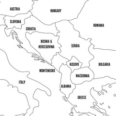 Political map of Balkans - States of Balkan Peninsula. Simple flat black outline with black country name labels.