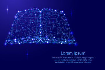 Open book of polygonal futuristic mosaic lines network, rays and space stars for banner, poster, greeting card. Vector illustration.