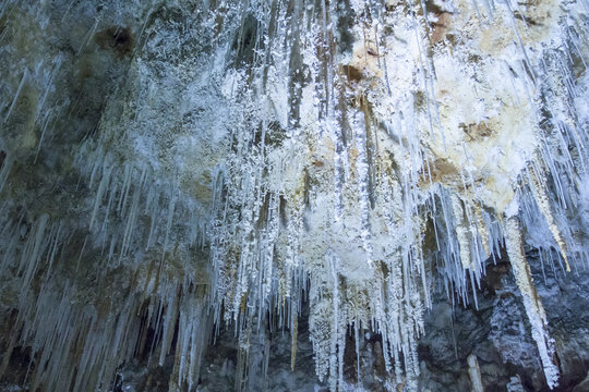 08-10-2018 Herault France. Stalactite and stalagmite inside Clamouse cave, in Saint Guilhem le desert in France.