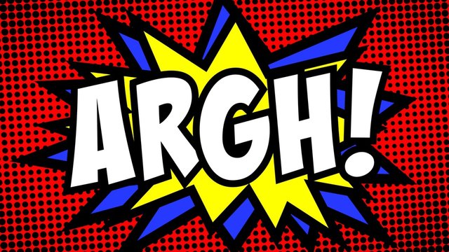 A comic strip cartoon, with the word Argh appearing. Green and halftone background, star shape effect.
