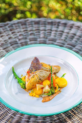 grilled chicken thigh with vegetables on white plate, product photography for exclusive restaurant