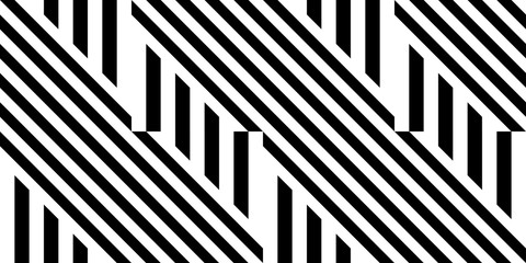 Seamless pattern with striped black white straight lines and diagonal inclined lines (zigzag, chevron). Optical illusion effect, op art. Vector vibrant decorative background, texture.