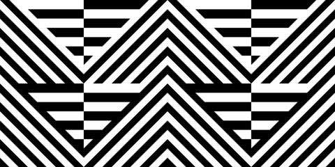 Seamless pattern with striped black white straight lines and diagonal inclined lines (zigzag, chevron). Optical illusion effect, op art. Vector vibrant decorative background, texture.