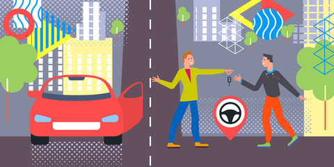 Car business sharing service concept, car rental illustration. Man gives car key to driver. Modern flat style design. Abstract urban background. Map pointer sign steering wheel - 218803037