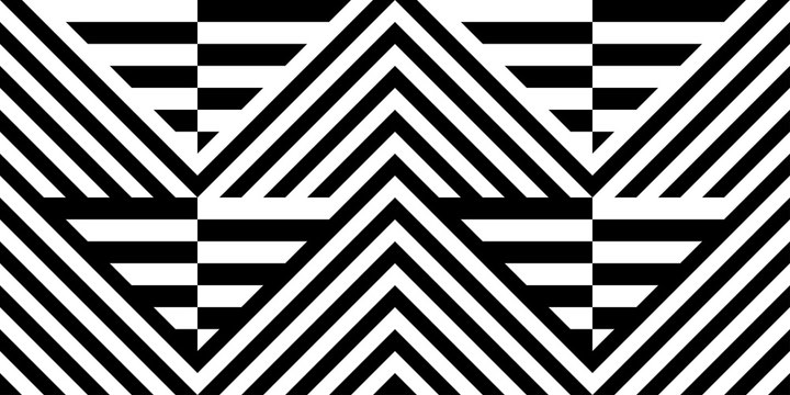 Seamless pattern with striped black white straight lines and diagonal inclined lines (zigzag, chevron). Optical illusion effect, op art. Vector vibrant decorative background, texture.