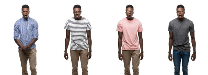 Collage of african american man wearing different outfits afraid and shocked with surprise...