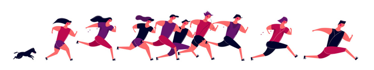 Running people group in motion jogging men women and dog training outdoor