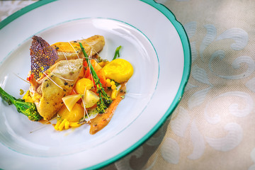 grilled chicken thigh with vegetables on white plate, product photography for exclusive restaurant