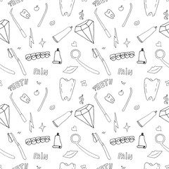 Seamless Pattern on the topic of dentistry. Vector illustration. Teeth care. Doodle style.