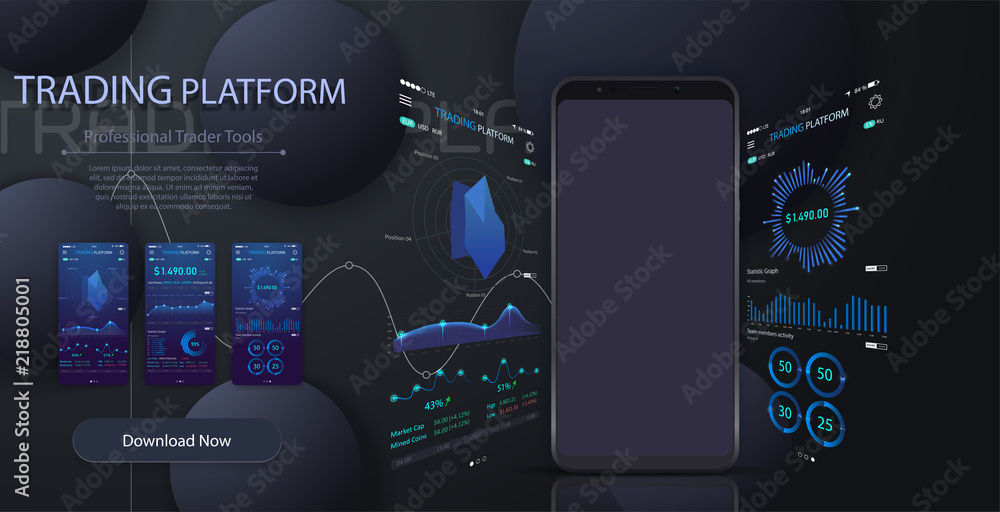 Fototapete Mobile app infographic template with modern design weekly and annual statistics graphs. Pie charts, workflow, web design, UI elements.