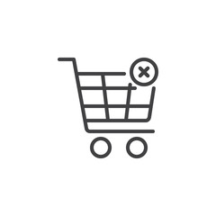 Shopping cart with cross sign outline icon. linear style sign for mobile concept and web design. Cancel or delete purchase simple line vector icon. Symbol, logo illustration. Pixel perfect vector 