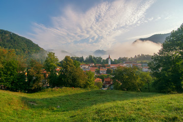 Fototapeta na wymiar Scenic view of Most na Soci village, Slovenia at summer morning