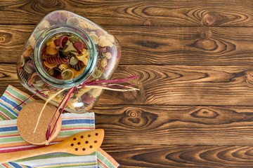 Top down view of an open macaroni jar