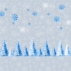 Christmas seamless pattern of winter snow-covered Christmas trees, watercolor illustration.