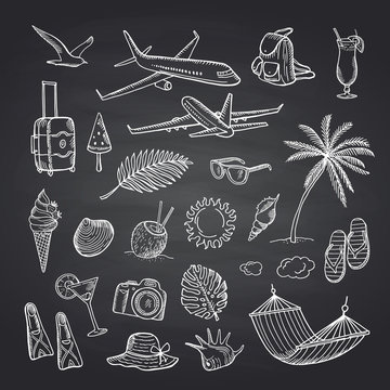 Vector summer travel elements on black chalkboard illustration