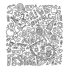 Hand drawn, open air doodle set. Sketch icons for invitation, flyer, poster, t-shirt design or blog. Isolated on white background
