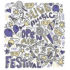 Hand drawn, live music doodle set. Sketch icons for invitation, flyer, poster, t-shirt design or blog. Isolated on white background