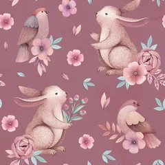 Photo sur Plexiglas Lapin Illustrations à l& 39 aquarelle d& 39 oiseaux et de lapins. Modèle sans couture