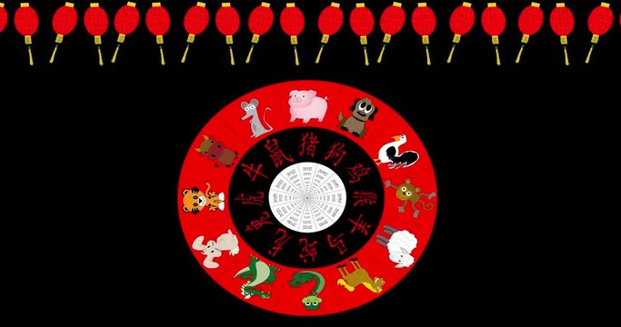 Animated Chinese New Year Wheel spinning on black with red lantern border