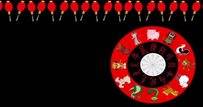 Animated Chinese New Year Wheel spinning on black with red lantern border with copy space