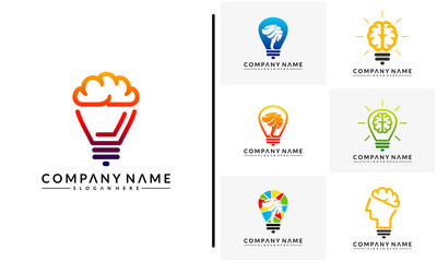 Set of Modern Brain Bulb logo concept, Intelligence Logo template, Robotic Brain logo designs vector