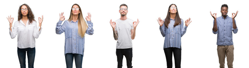 Group and team of young business people over isolated white background relax and smiling with eyes closed doing meditation gesture with fingers. Yoga concept.