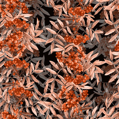 Seamless pattern of twigs with Rowan berries painted with watercolor.